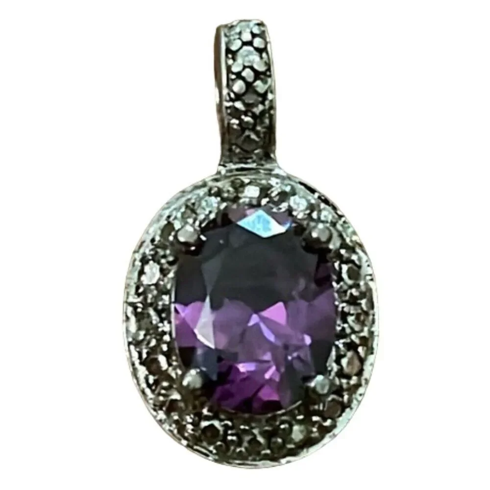 Sterling Silver Amethyst Tear Drop Pendant Marked 925 WM CZ